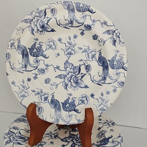Staffordshire Engravings Bird of Paradise Salad Plate 7" blue white chintz set/4 - Picture 2 of 11